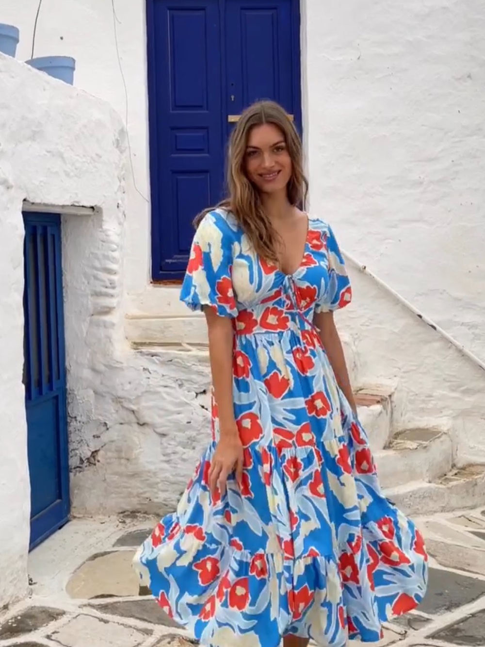 Mister Zimi Milos Blue Floral Indigo Linen Blend Midi Dress